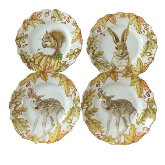 Pier 1 Porcelain Dessert Plates 4 Autumn Woodland Animals Rustic Farmhouse